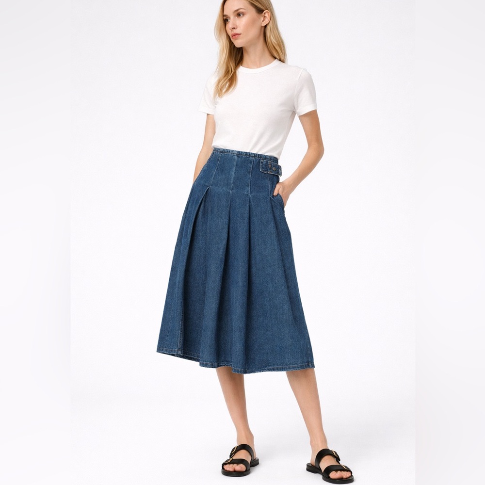 F034. Anthropologie Denim Midi Pleated Skirt - Blue